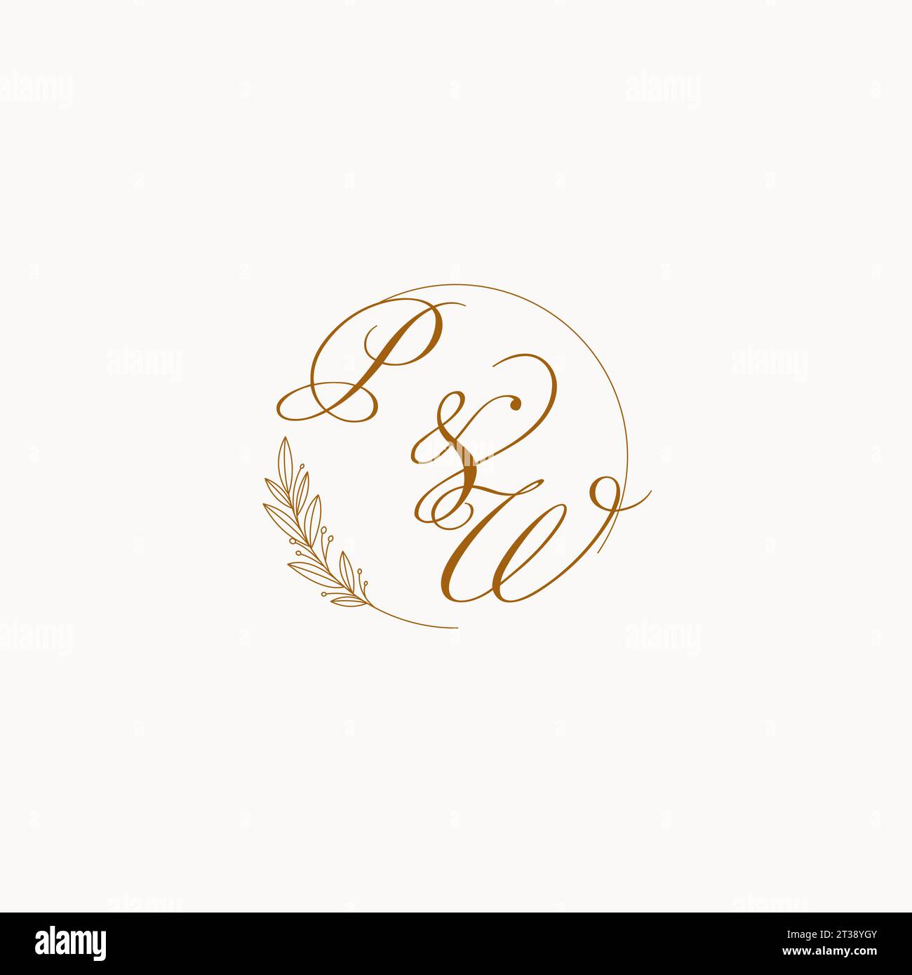Iniziali logo monogramma PW nuziale con foglie ed eleganti linee circolari grafica vettoriale Illustrazione Vettoriale
