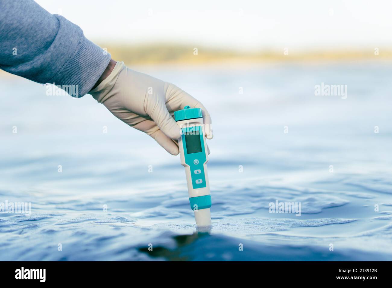 esame della qualità dell'acqua in un serbatoio naturale. un dispositivo per misurare le impurità nell'acqua nella mano maschile di uno specialista scientifico. Foto Stock