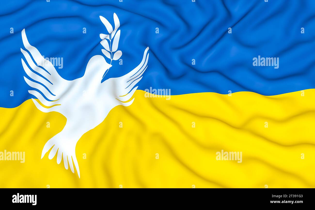 bandiera dell'ucraina con colomba bianca di pace resa 3d. Foto Stock