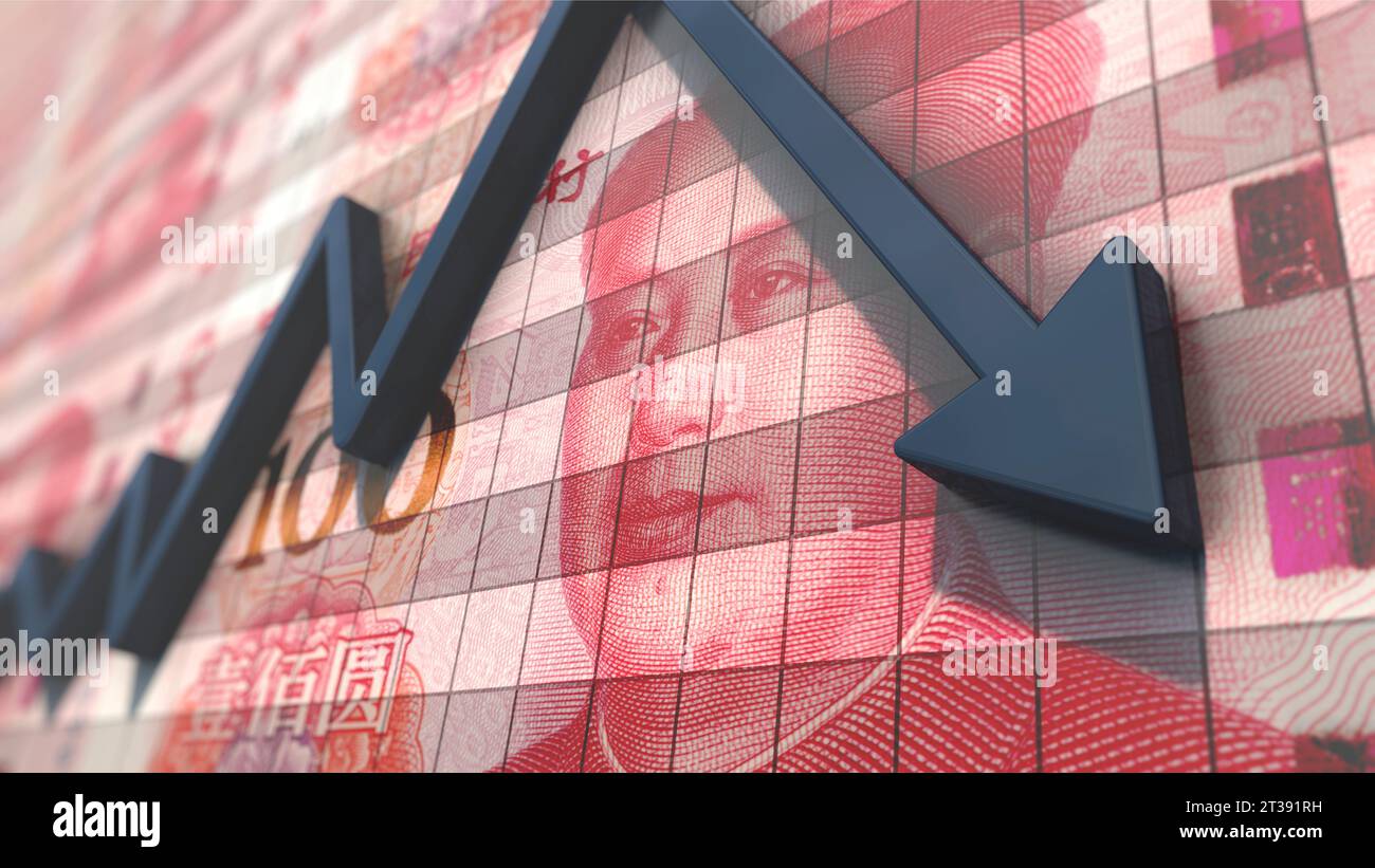 Grafico rosso cadente sul diagramma di Yuan Money Foto Stock