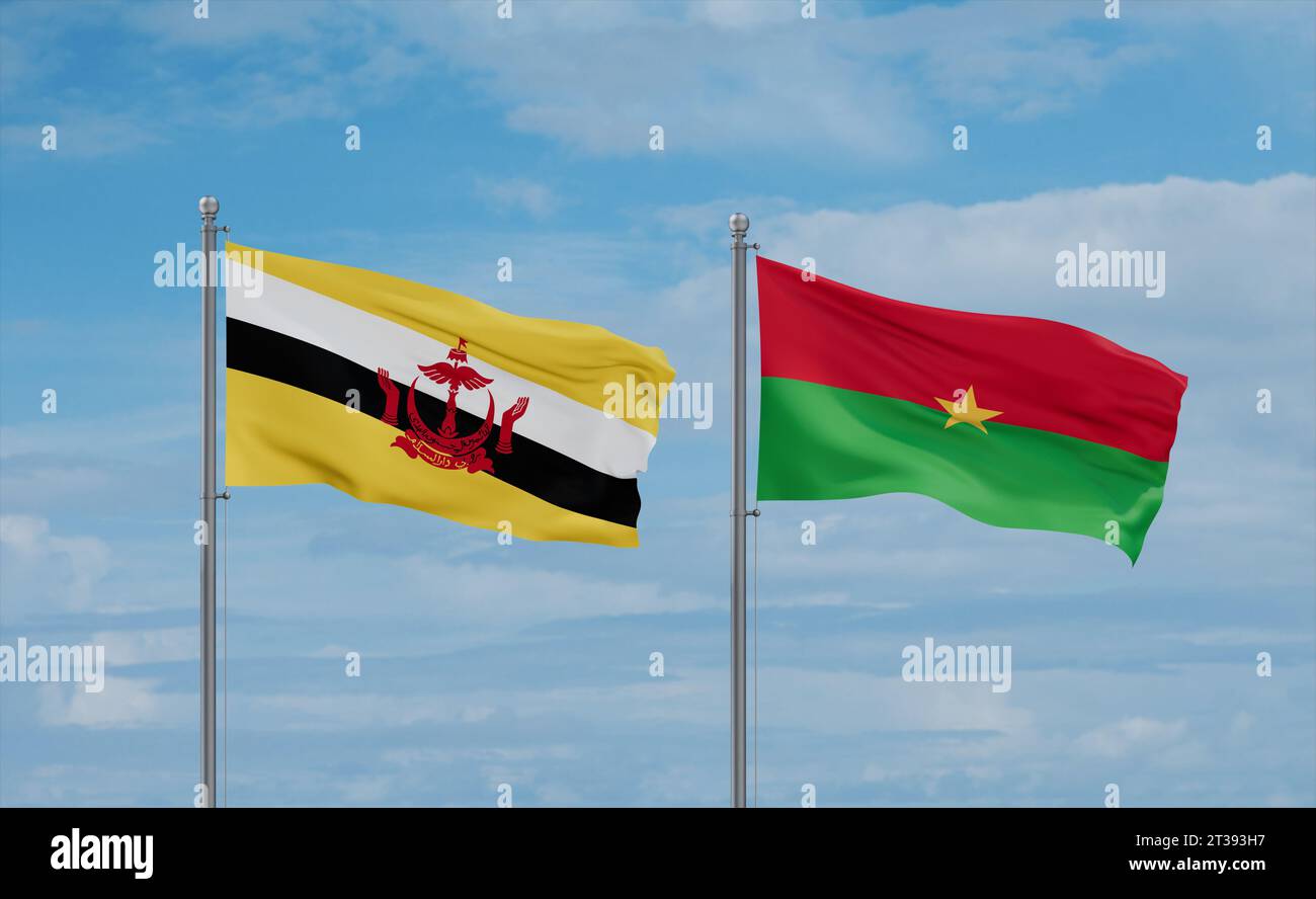 Burkina Faso e Brunei bandiere che sventolano insieme su un cielo nuvoloso blu, concetto di relazione tra due paesi Foto Stock