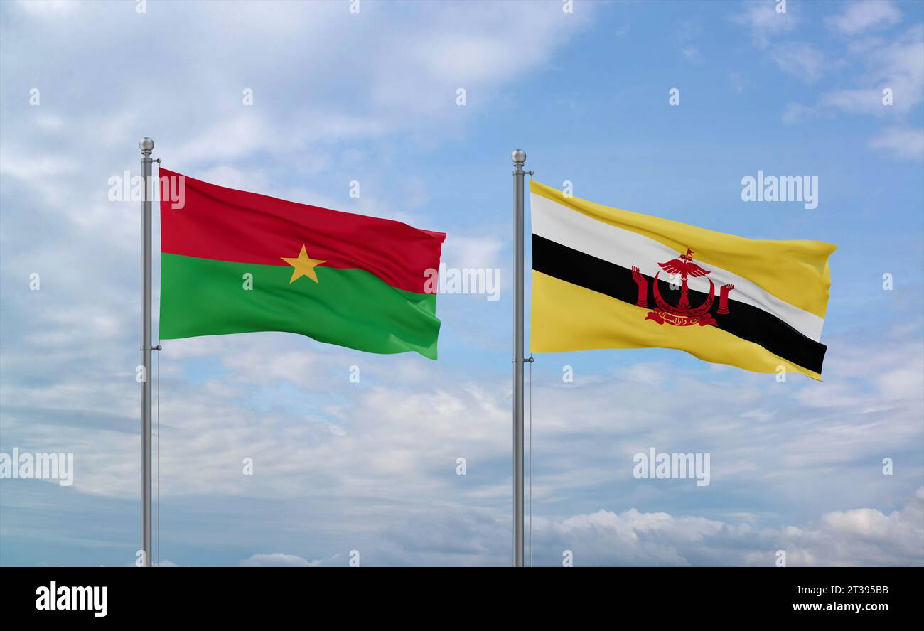Brunei e Burkina Faso bandiere che sventolano insieme su un cielo nuvoloso blu, concetto di relazione tra due paesi Foto Stock