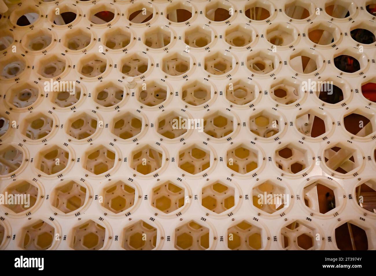 Stoccaggio di combustibile fresco con barre di combustibile PK3 di nuova generazione con il cosiddetto involucro aperto, che verrà caricato nel reattore per la prima volta durante la chiusura programmata dell'unità 4 della centrale nucleare di Dukovany, collegata alla sostituzione e alla manutenzione del combustibile e che dovrebbe durare fino alla fine dell'anno, Dukovany, distretto di Trebic, regione di Vysocina, nella foto del 23 ottobre 2023. Questa è l'ultima interruzione di Dukovany quest'anno. Le restanti tre unità continuano a funzionare. Nella foto sono illustrate le pile delle nuove celle a combustibile. (Foto CTK/Lubos Pavlicek) Foto Stock