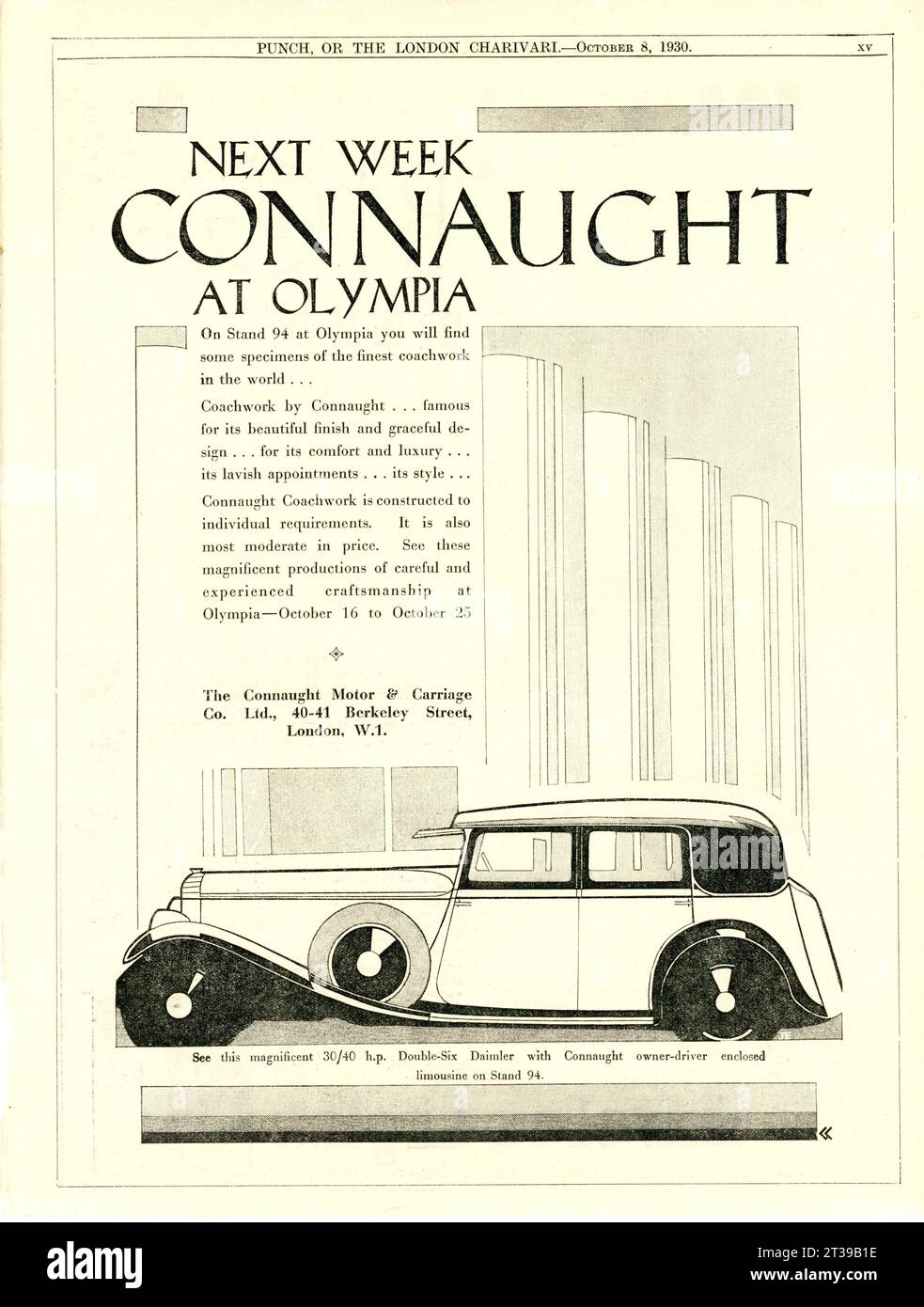 30 / 40 HP DOUBLE-SIX DAIMLER con carrozzerie di CONNAUGHT 1930 British Magazine pubblicità per CONNAUGHT MOTOR & CARRIAGE CO. Ltd., Berkeley Square, Londra W1 Foto Stock