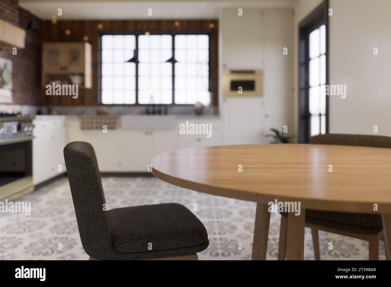 Cucina con un'enfasi sulla superficie del tavolo da cucina con uno sfondo sfocato - un luogo dove posizionare i prodotti. Foto Stock