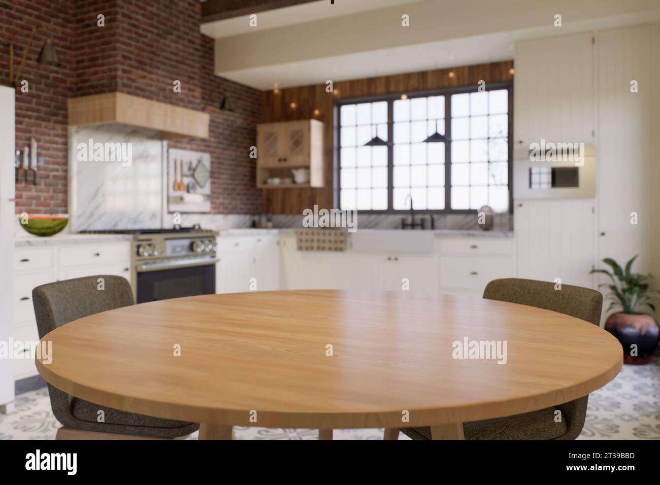 Cucina con un'enfasi sulla superficie del tavolo da cucina con uno sfondo sfocato - un luogo dove posizionare i prodotti. Foto Stock