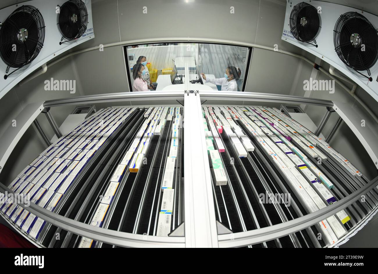 GUIYANG, CINA - 24 OTTOBRE 2023 - vari tipi di vaccini sono disposti nella diapositiva corrispondente nell'area di stoccaggio della catena del freddo della vaccinazione Foto Stock