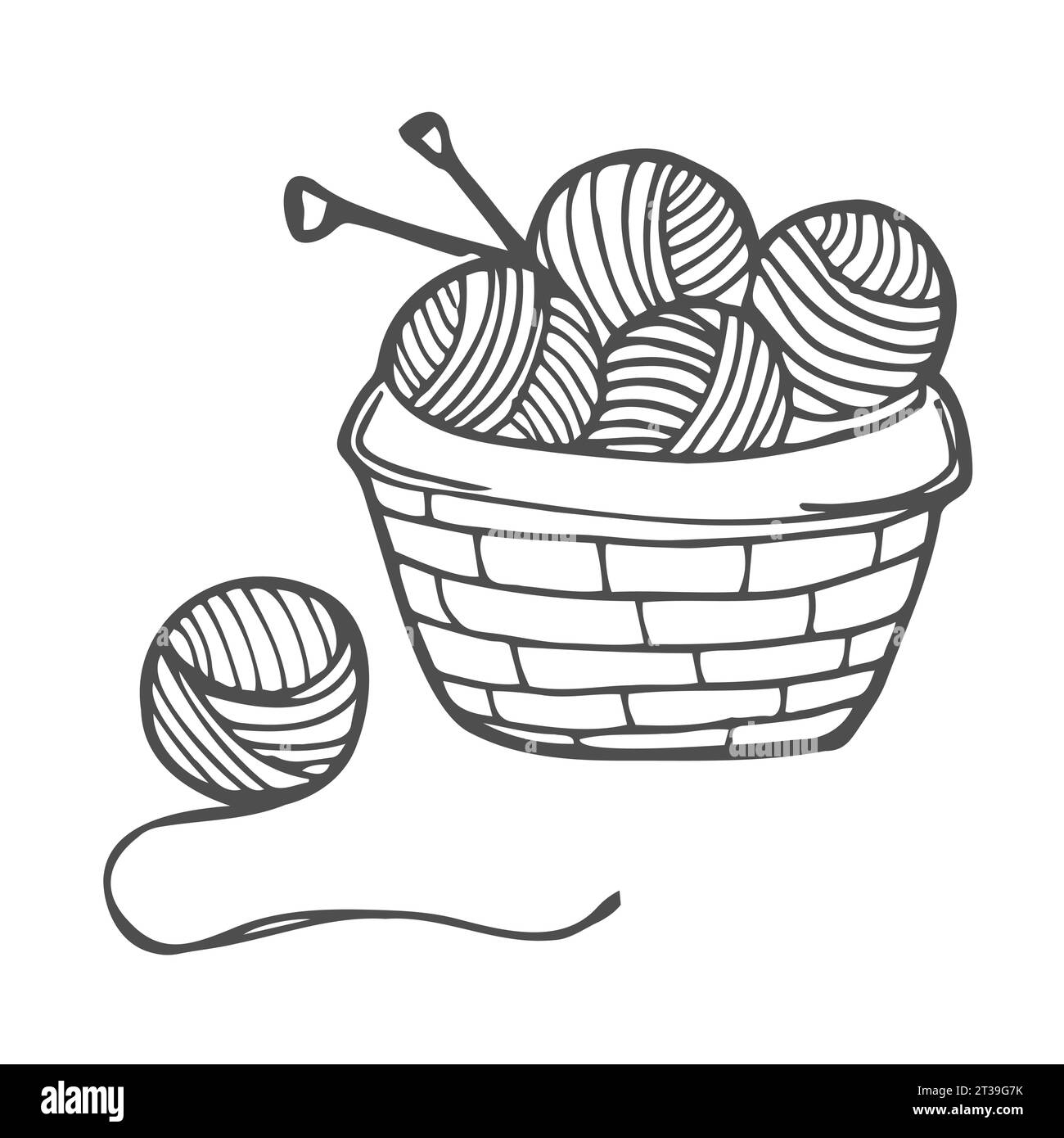 Cestello con palle di lana, filo, aghi per maglieria. Concetto di lavorazione a maglia fatta a mano. Disegno di un vettore vintage Illustrazione Vettoriale