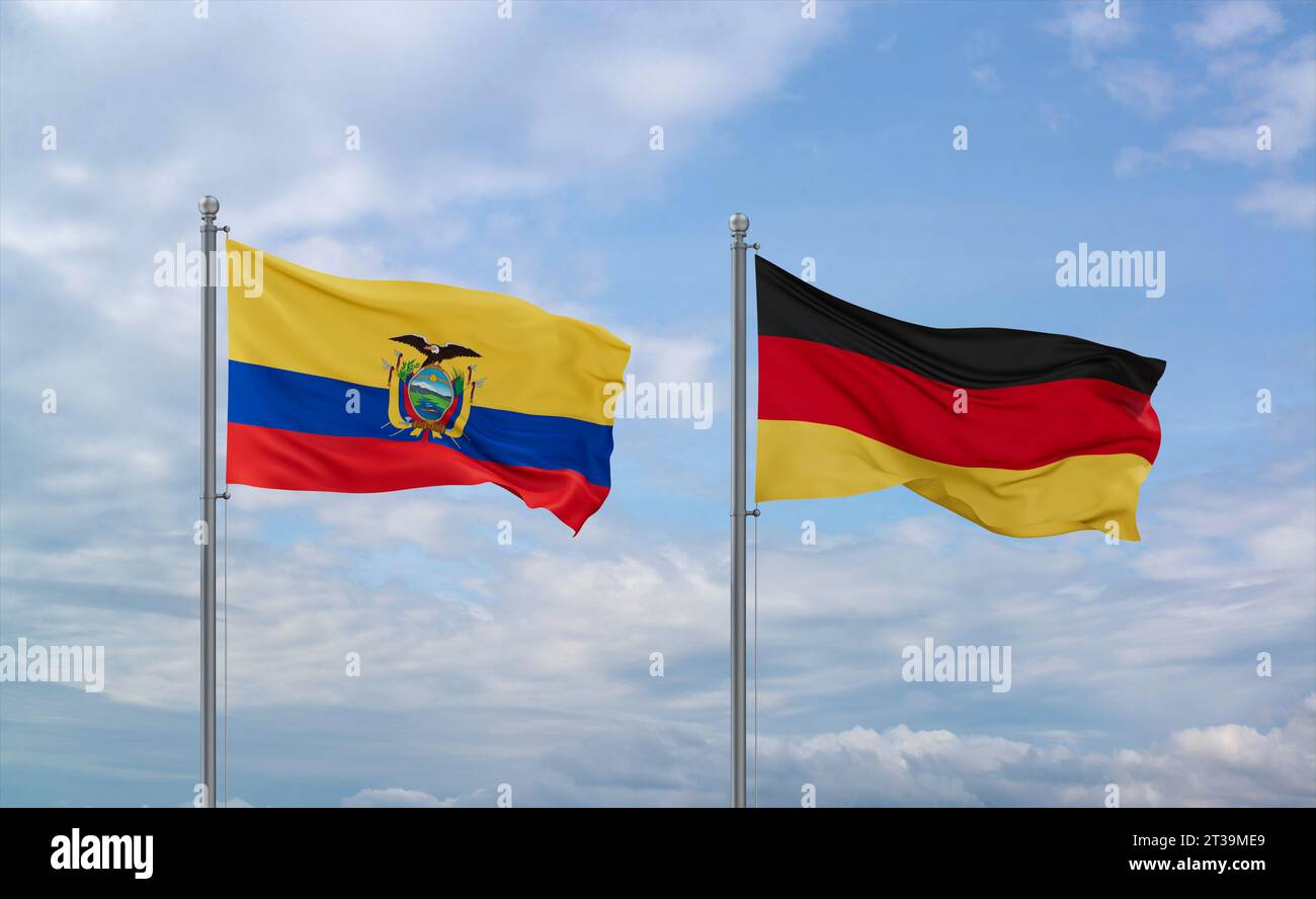 Le bandiere di Germania ed Ecuador sventolano insieme sul cielo nuvoloso blu, concetto di due relazioni tra paesi Foto Stock