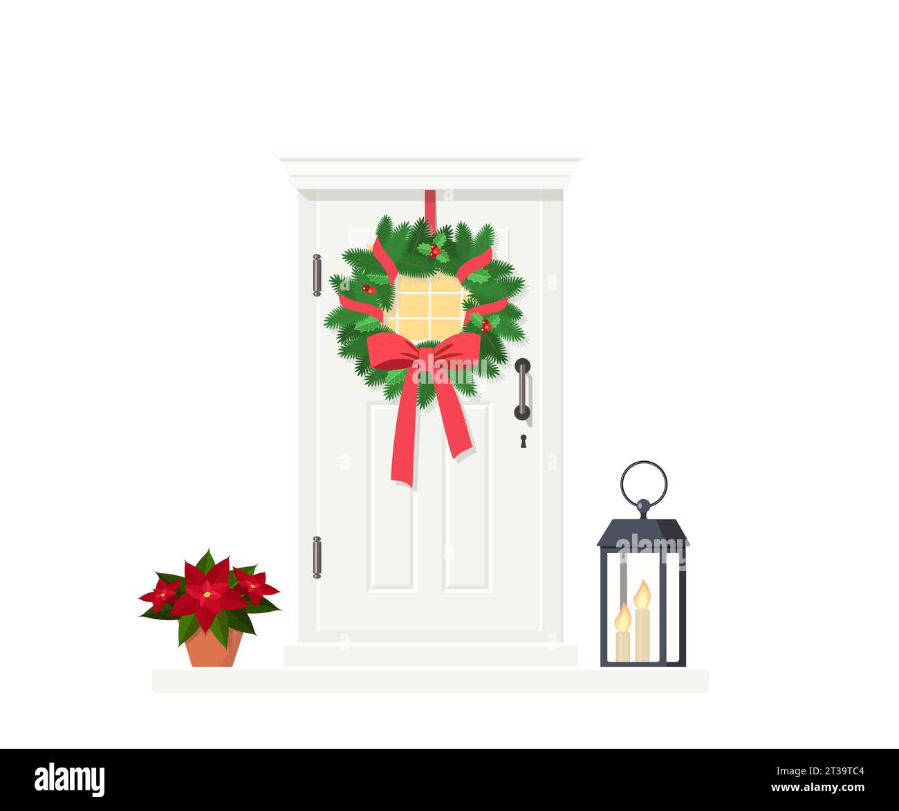 Graziosa porta d'ingresso bianca con corona di Natale, isolata su sfondo bianco. Design esterno per la casa. Stile piatto Cartoon. Illustrazione vettoriale Illustrazione Vettoriale