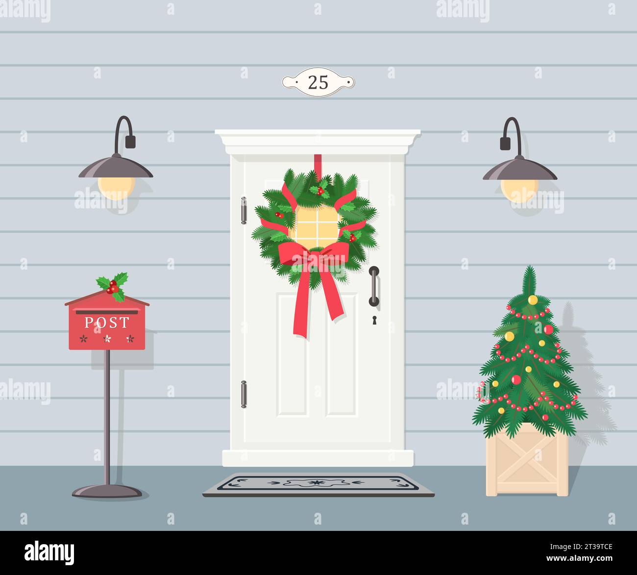 Graziosa porta d'ingresso bianca con corona di Natale, lanterne, albero di Natale e cassetta postale. Design esterno per la casa. Stile piatto Cartoon. Illustrazione vettoriale Illustrazione Vettoriale