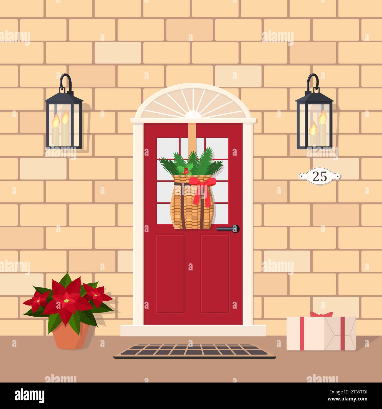 Graziosa porta d'ingresso rossa con decorazioni natalizie, lanterna, regalo e poinsettia. Design esterno per la casa. Stile piatto Cartoon. Illustrazione vettoriale Illustrazione Vettoriale
