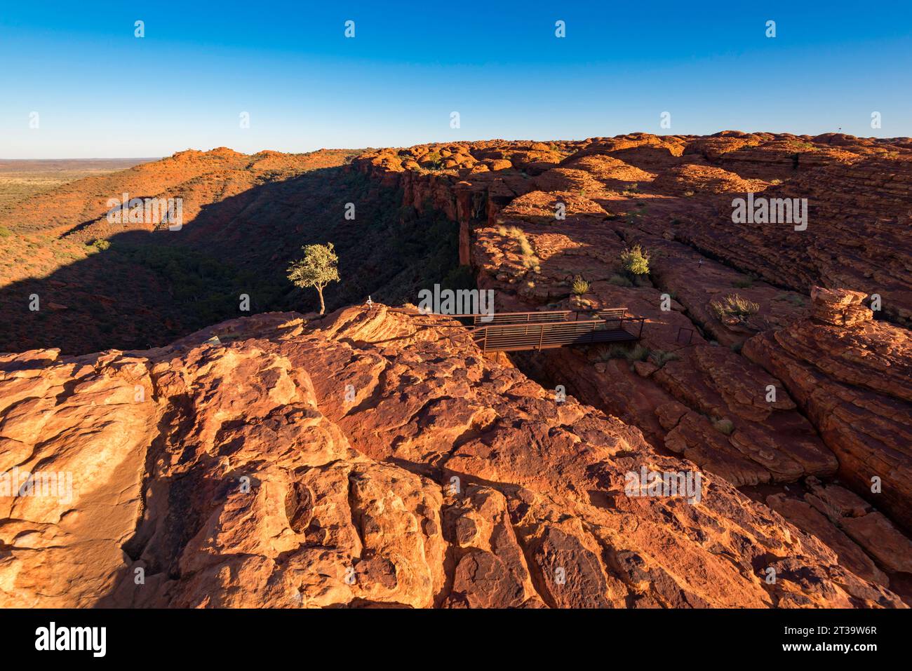 Un piccolo ponte di acciaio fornisce accesso a parti della cima del Kings Canyon (Watarrka) nel territorio del Nord dell'Australia di mattina presto Foto Stock