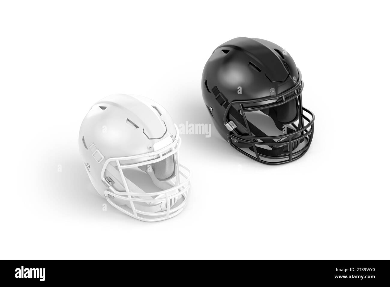 Modello bianco e nero per caschi da football americano, vista laterale, rendering 3D. Copricapo vuoto per uniforme protettiva sportiva, iso Foto Stock