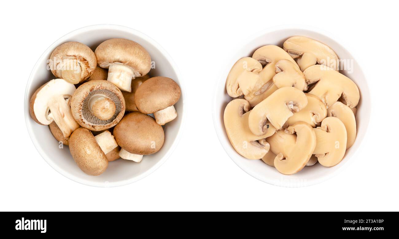Funghi marroni coltivati, fette fresche e in scatola, in un recipiente bianco. Agaricus bisporus, o anche champignons, comuni, funghi da bottoni o da tavolo. Foto Stock