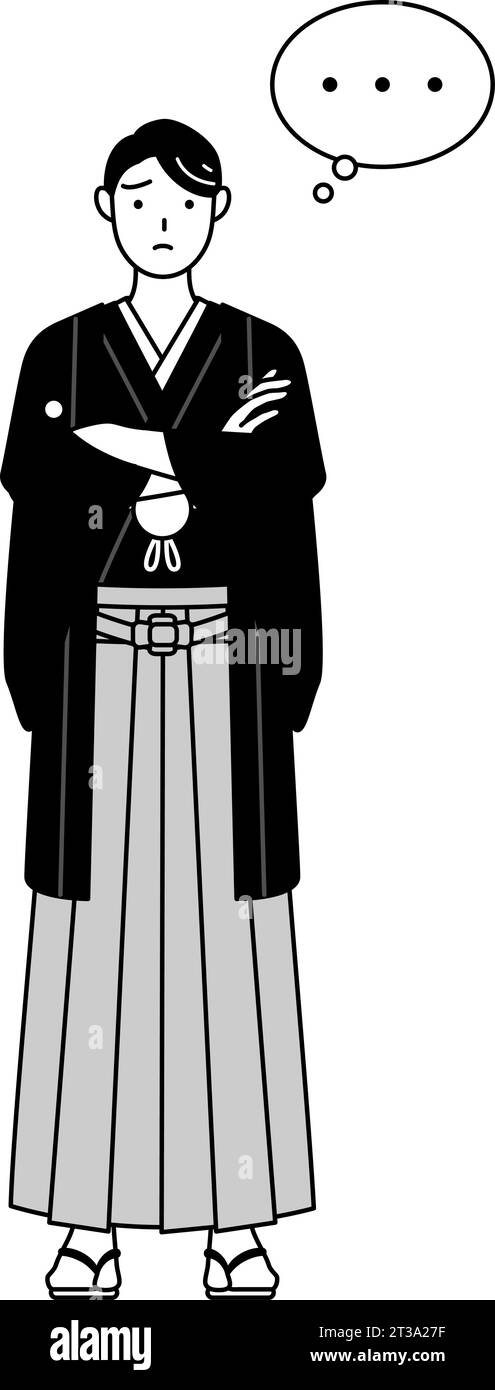 Uomo che indossa hakama con stemma a braccia incrociate, profondo nel pensiero, Vector Illustration Illustrazione Vettoriale