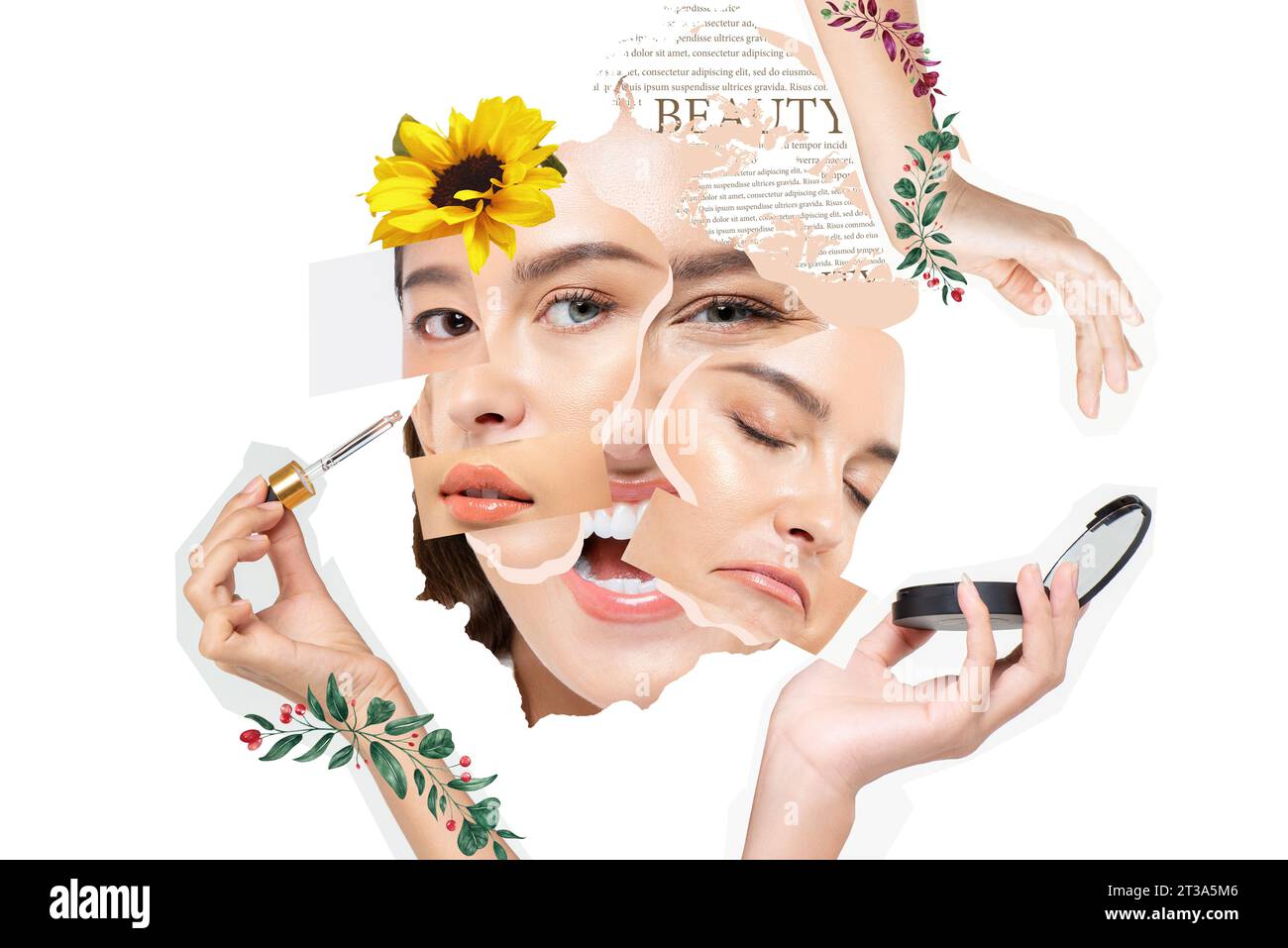 Design del viso Collage art di donne multietiniche con cosmetici per la cura della pelle e il trucco Foto Stock