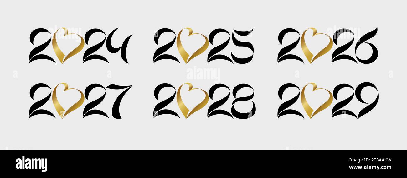 Set di eleganti numeri in nero e oro da 2024 a 2029. Titolo del calendario per il nuovo anno 2025, 2026, 2027 e 2028. Icone creative. Raccolta grafica. Illustrazione Vettoriale