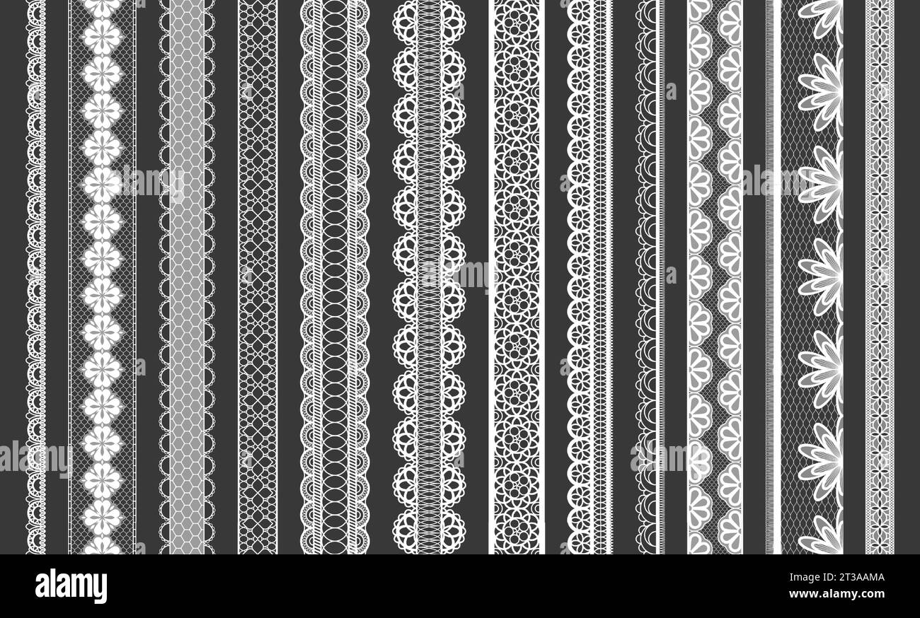 Strisce in pizzo. Bordo geometrico con romantica finitura in pizzo, finiture decorative vintage, tights nuziali e collant. Raccolta vettoriale isolata. Decorazioni alla moda con dettagli ricamati Illustrazione Vettoriale