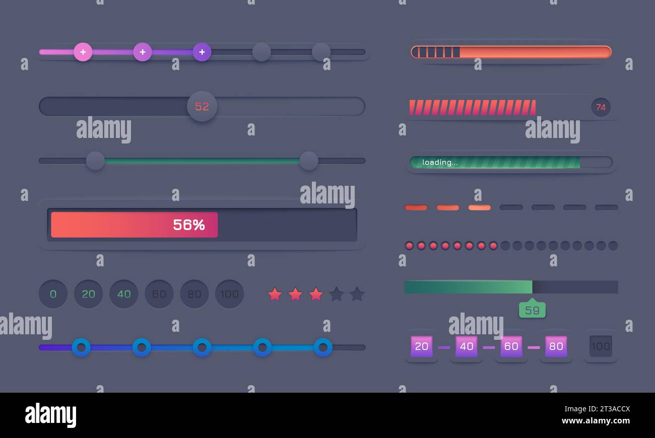 Barra di avanzamento impostata. Indicatori di carico rotondi e quadrati, telai di indicatori con numero di fasi, elementi della schermata di caricamento. Insieme di elementi dell'interfaccia utente moderna vettoriale dell'illustrazione del caricamento della barra di avanzamento Illustrazione Vettoriale