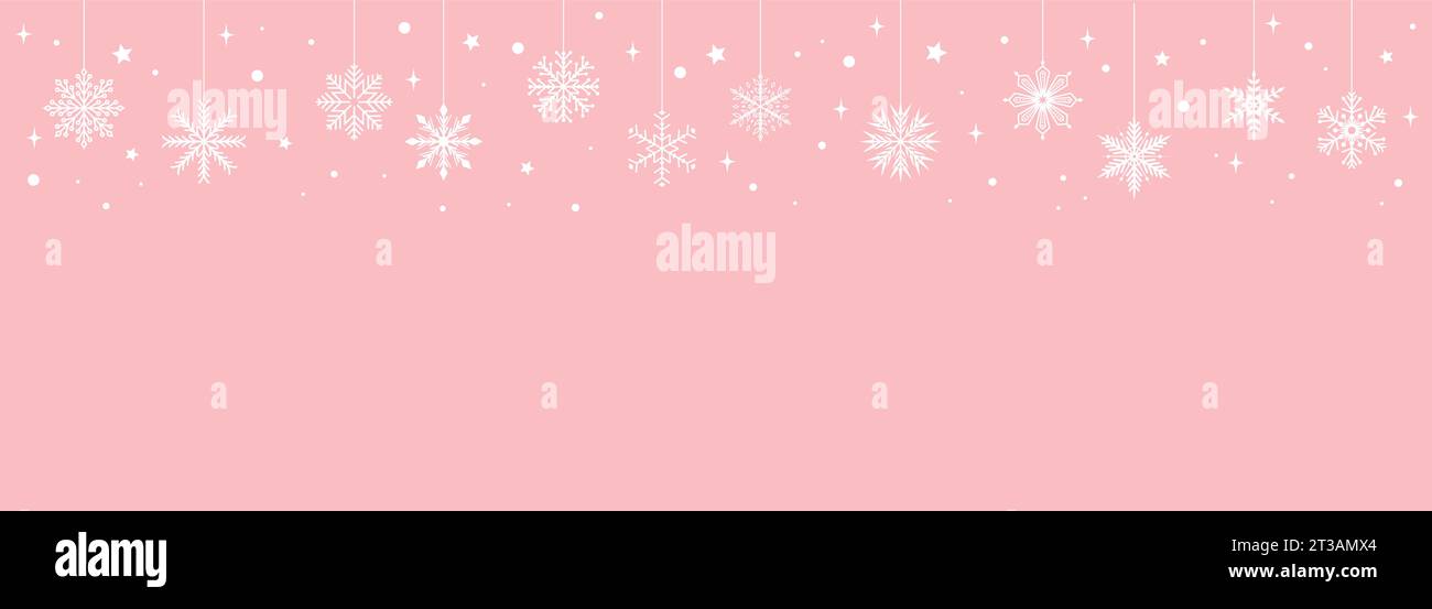 Striscione natalizio con cornice bianca a fiocco di neve su sfondo rosa pastello con spazio per la copia. Illustrazione vettoriale Illustrazione Vettoriale