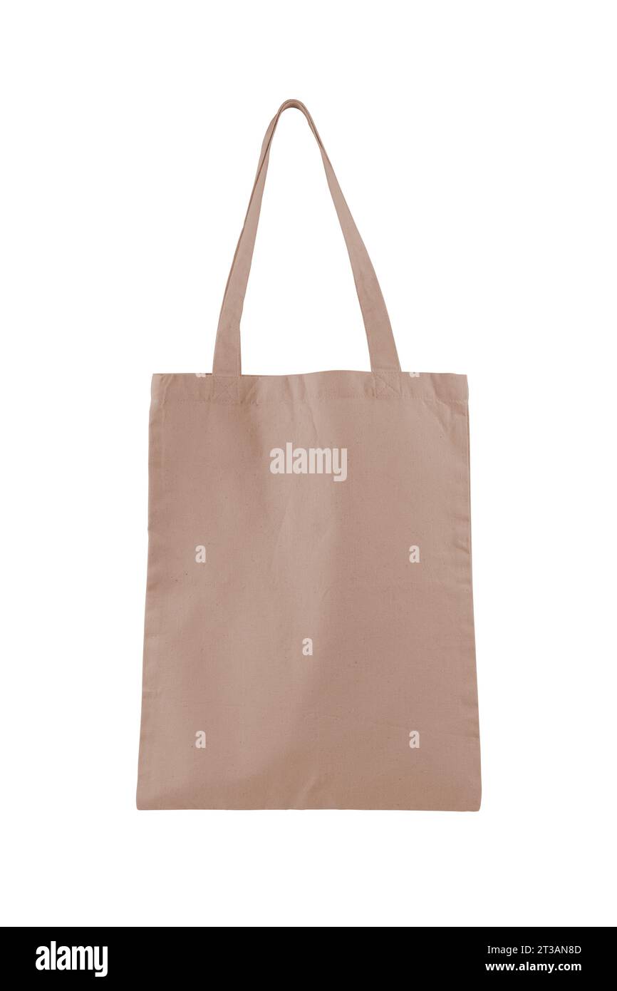 Tessuto in cotone, sacco in lino, borsa tote isolata su sfondo bianco. Shopping bag marrone riutilizzabile per la spesa, mockup, modello per design, copia Foto Stock