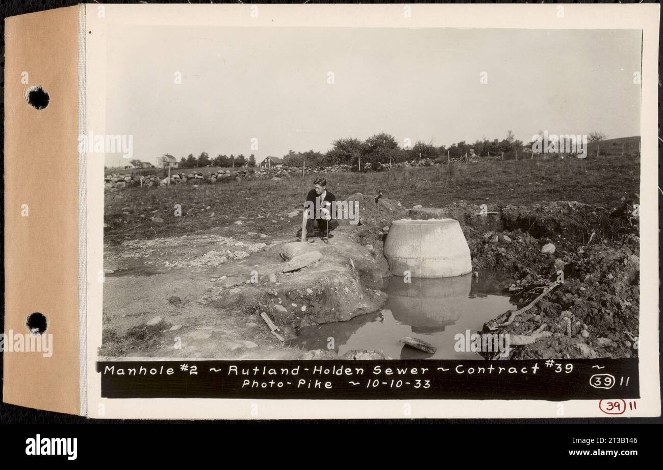 Contratto n. 39, Trunk Line Sewer, Rutland, Holden, pozzetto 2, Rutland-Holden Sewer, Holden, Massachusetts, 10 ottobre 1933 Foto Stock