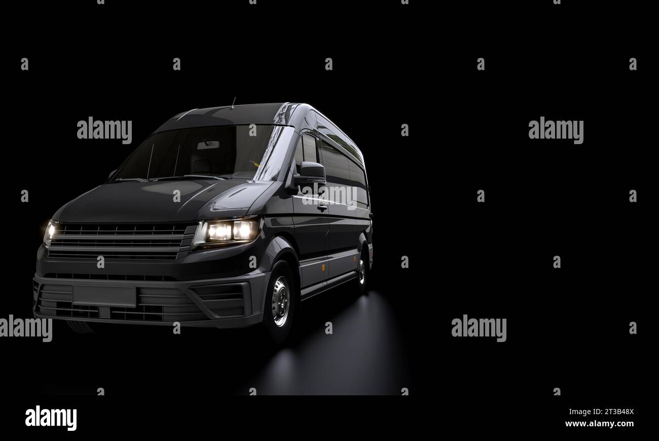 furgone da trasporto nero su sfondo scuro. rendering 3d. Foto Stock
