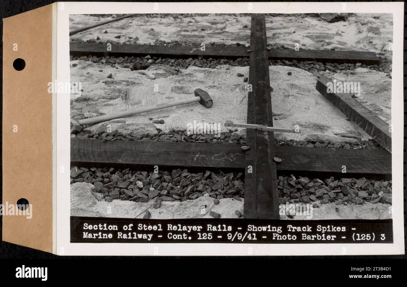 Contratto n. 125, costruzione della ferrovia marittima per Quabbin Reservoir, Belchertown, sezione di binari di riporto in acciaio, con punte di binario, ferrovia marina, Belchertown, Mass., 9 settembre 1941 Foto Stock