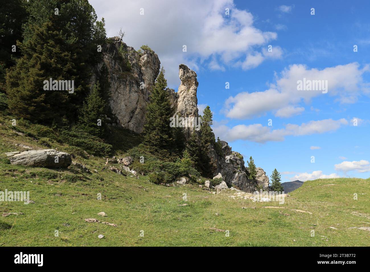 Vista di una bizzarra formazione rocciosa a Penkenberg e del verde prato di montagna contro il cielo azzurro nuvoloso, Austria Foto Stock