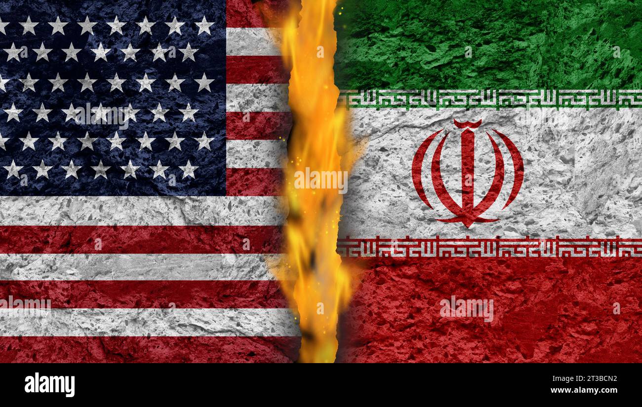 Stati Uniti e Iran si scontrano come guerra geopolitica e crisi tra il godimento americano e iraniano e il concetto di sicurezza del Medio Oriente Foto Stock