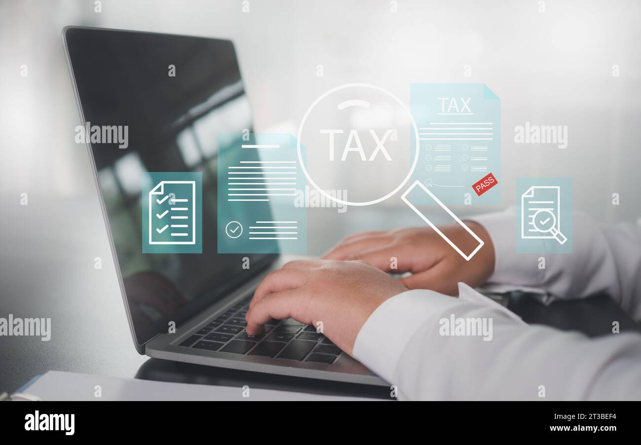 Donna d'affari utilizza il computer per compilare il modulo di dichiarazione dei redditi online per pagare le tasse. Rappresenta la ricerca finanziaria e il calcolo della dichiarazione dei redditi. Foto Stock