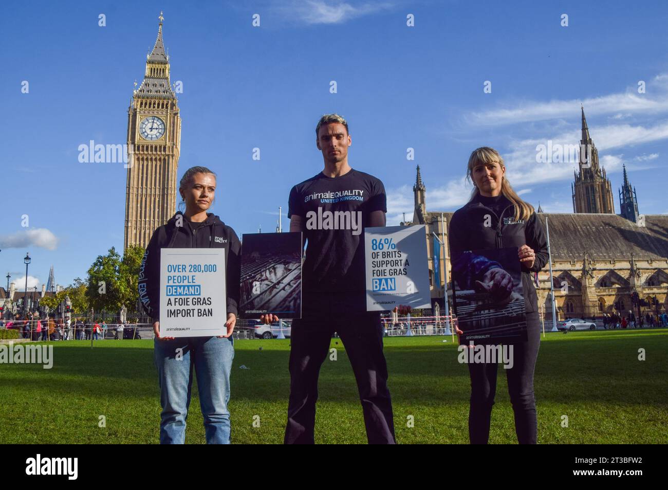 Londra, Regno Unito. 24 ottobre 2023. Abigail Penny (a destra), direttore esecutivo, e altri attivisti dell'organizzazione per i diritti degli animali Animal Equality hanno organizzato una protesta e sensibilizzazione in Piazza del Parlamento contro il foie gras, mentre i ministri del governo hanno discusso l'importazione e la vendita del prodotto alimentare che è fatto dal fegato di un'anatra o di un'oca. Il processo di produzione del foie gras comporta l'alimentazione forzata degli uccelli ed è vietato nel Regno Unito, sebbene le importazioni siano ancora consentite. Credito: Vuk Valcic/Alamy Live News Foto Stock