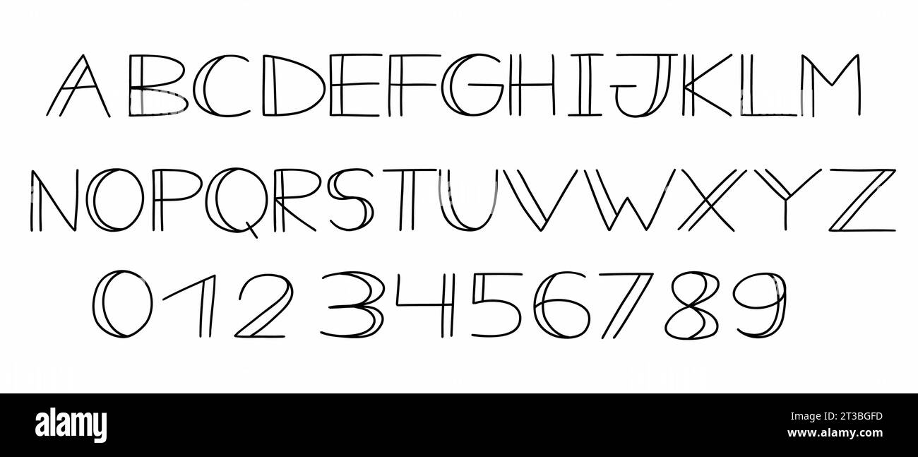 Caratteri latini alfabetici neri alfabeti alfabetici Old School da A a Z e cifre da 0 a 9 impostate. Illustrazione vettoriale in stile doodle disegnato a mano isolato su b bianco Illustrazione Vettoriale