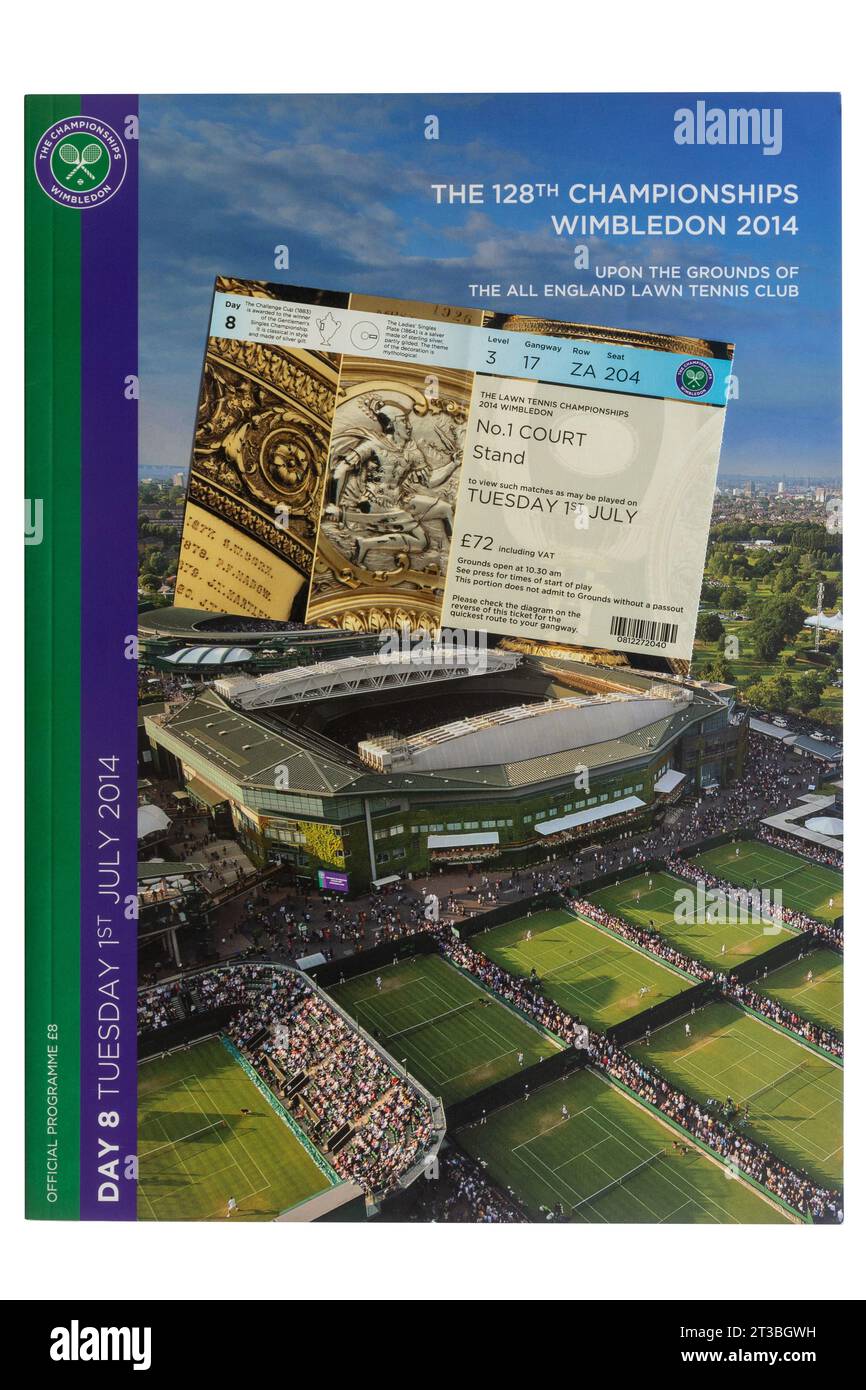 Programma dei campionati di tennis su prato di Wimbledon e biglietto per il campo numero uno, no 1, 1 luglio 2014, Inghilterra, Regno Unito Foto Stock