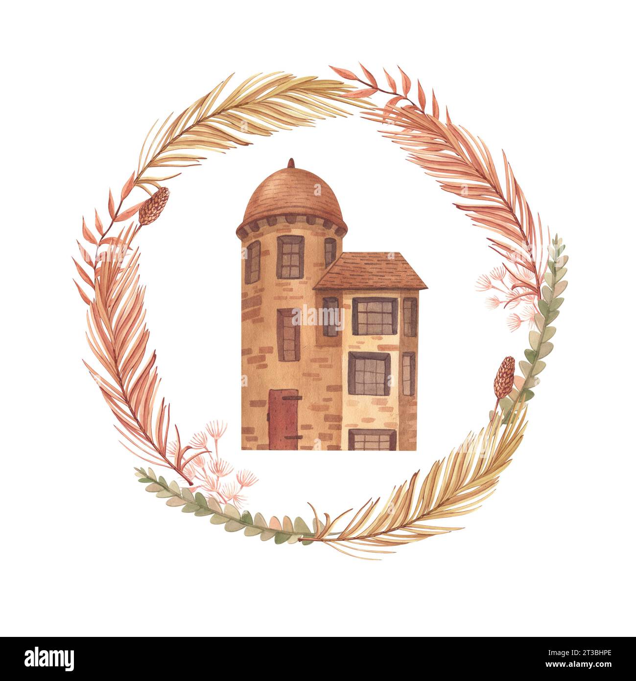 Casa casa cottage accogliente edificio dipinto da acquerello isolato su uno sfondo bianco cartone animato. Logo illustrativo con foglie di palma tropicale essiccate Foto Stock