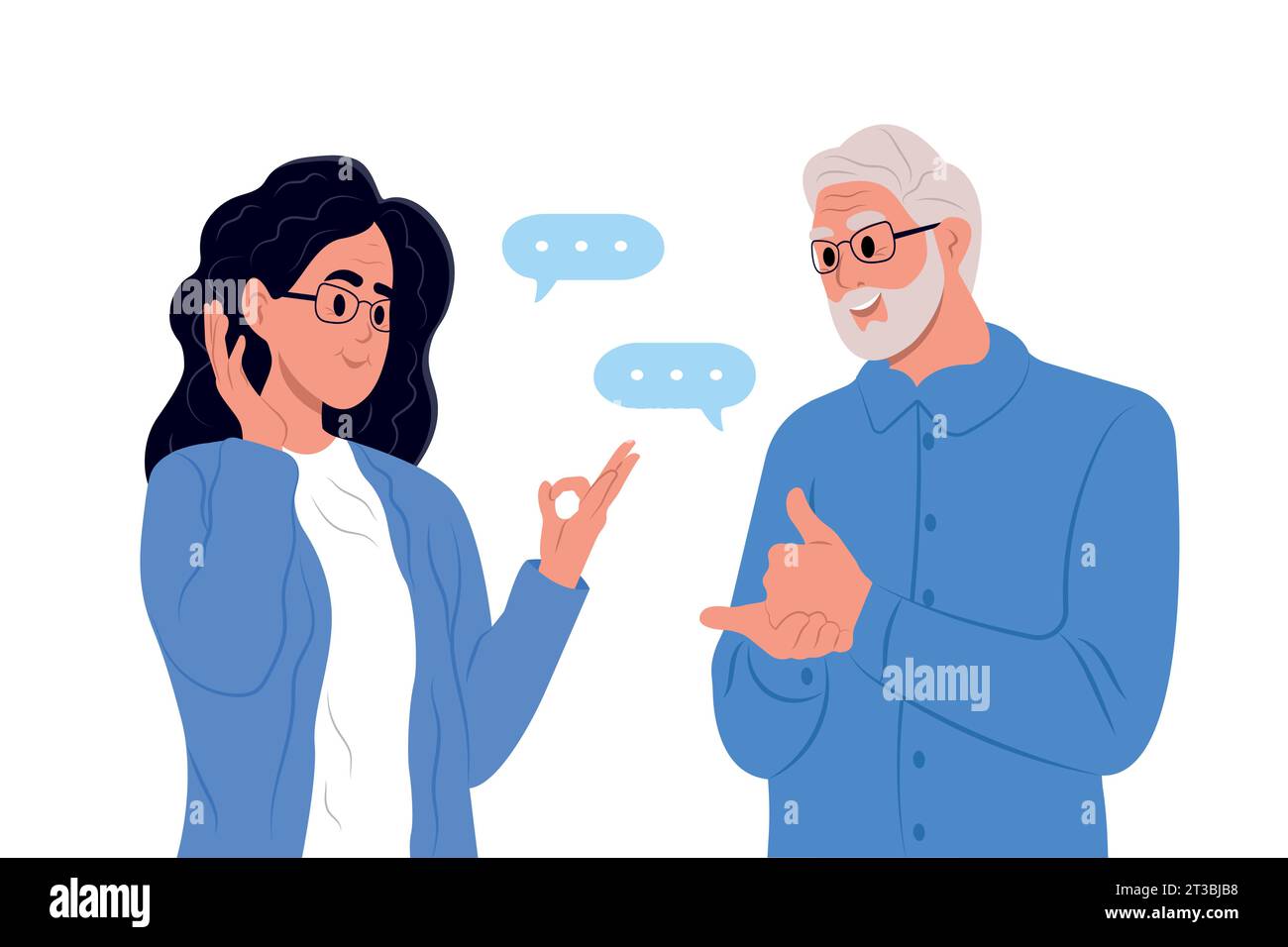 Giornata internazionale delle lingue dei segni. Un paio di persone anziane sorde e silenziose che usano il linguaggio dei segni per comunicare. Un uomo e una donna con l'udito Illustrazione Vettoriale