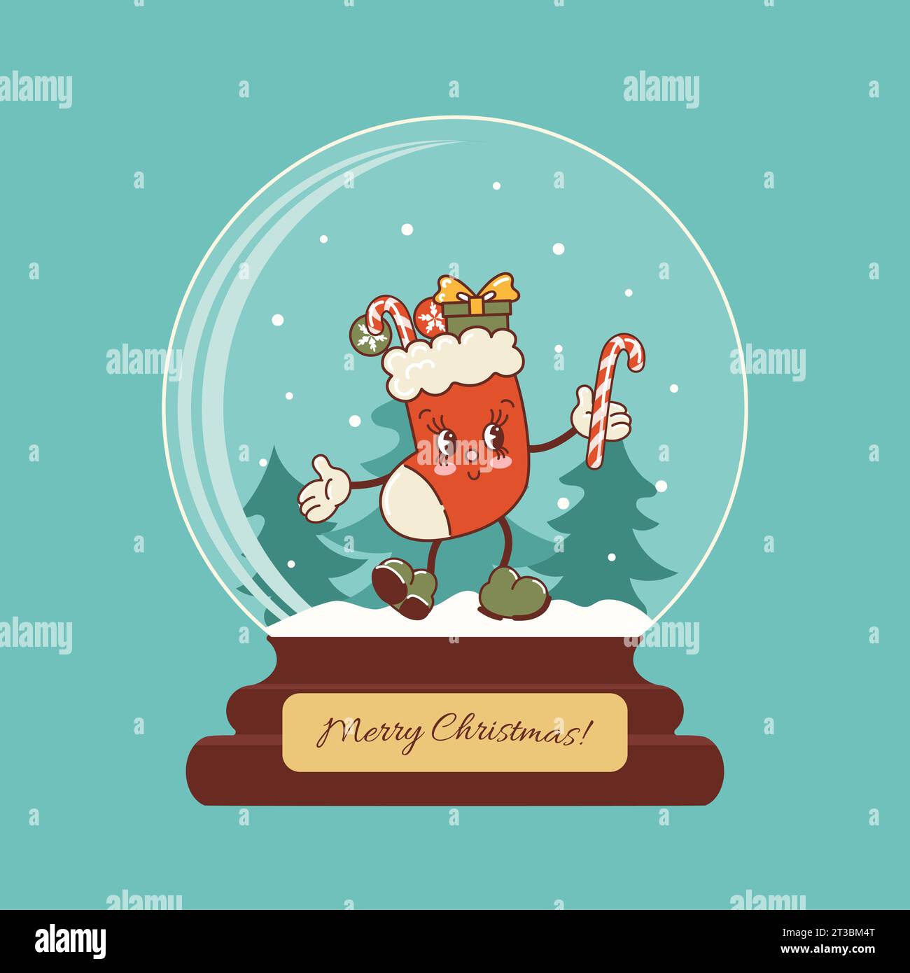 Sfera di vetro con neve. Buon calza natalizia, simpatico personaggio danzante. Lecca-lecca, regali, canna da zucchero. Stile classico e alla moda dei cartoni animati retrò. Vintage ho Illustrazione Vettoriale