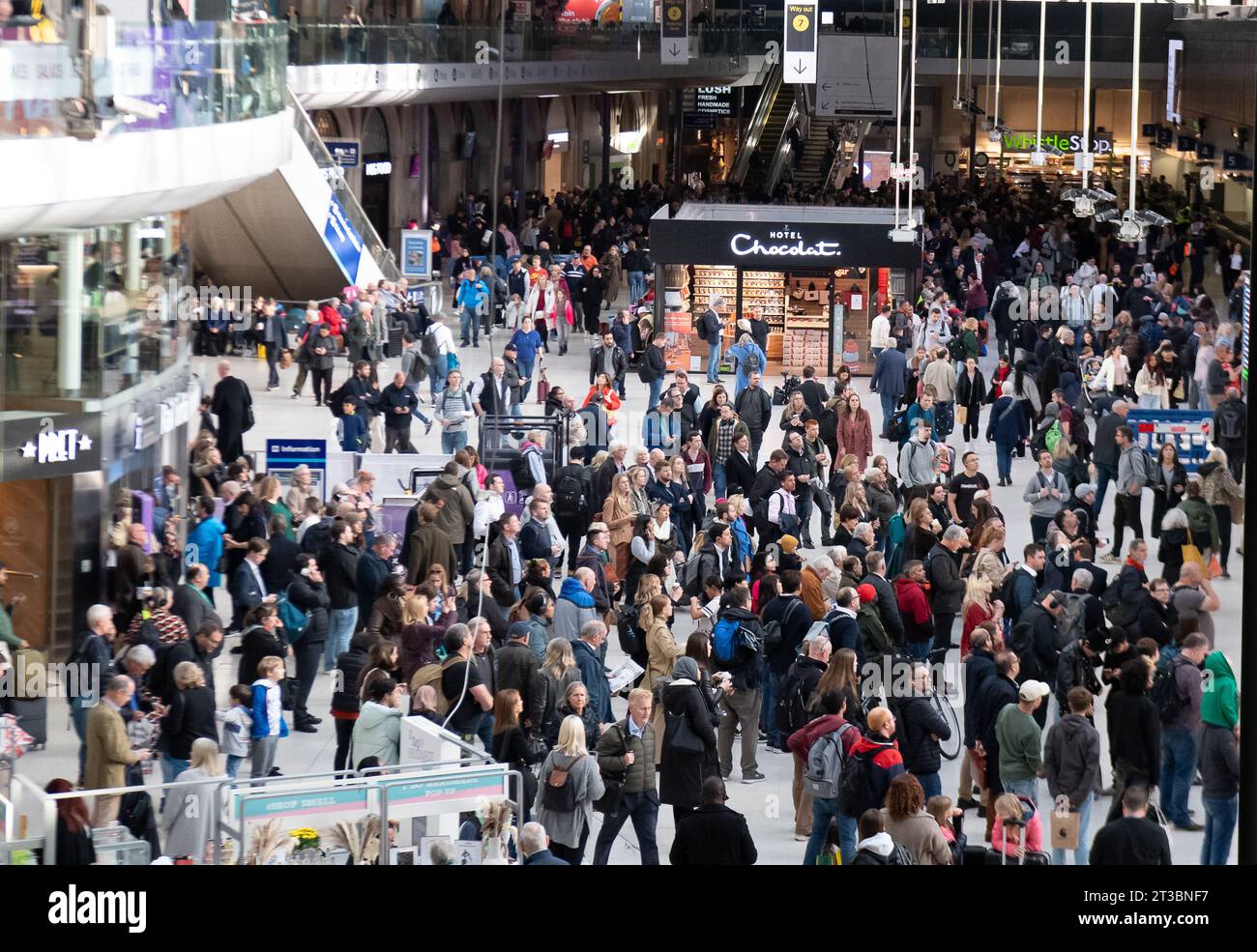 Waterloo, Londra, Regno Unito. 24 ottobre 2023. È stato un pomeriggio e una serata frenetici alla stazione di Waterloo a Londra. La South Western Railway segnalava gravi interruzioni in quanto i treni erano stati ritardati o cancellati da Waterloo questo pomeriggio e la sera a seguito di un incidente, presumibilmente fatale, tra Surbiton e Clapham Junction. Treni per Kingston/Shepperton, Chessington/Epsom, Surbinton/Cobham, Hounslow Loop, Reading/Windsor Lines, South Western Mailine, West of England, South Hampshire locali, Ascot/Guildford e Surban Lines furono tutti coinvolti. Credito: Maureen McLean/Alamy Live News Foto Stock