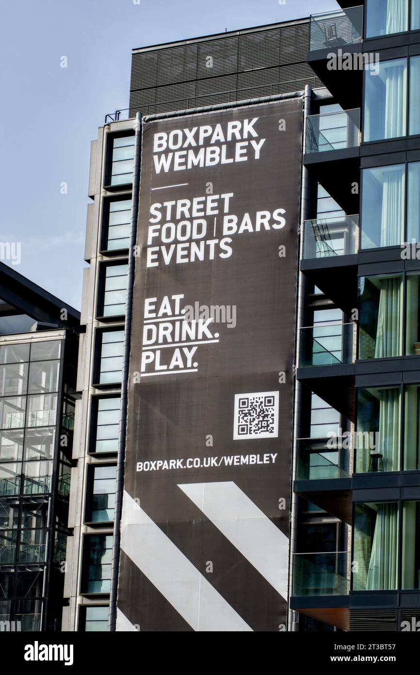 Cartello di Box Park Wembley su Market Square, Wembley Park, Borough of Brent, Londra, Inghilterra, REGNO UNITO Foto Stock