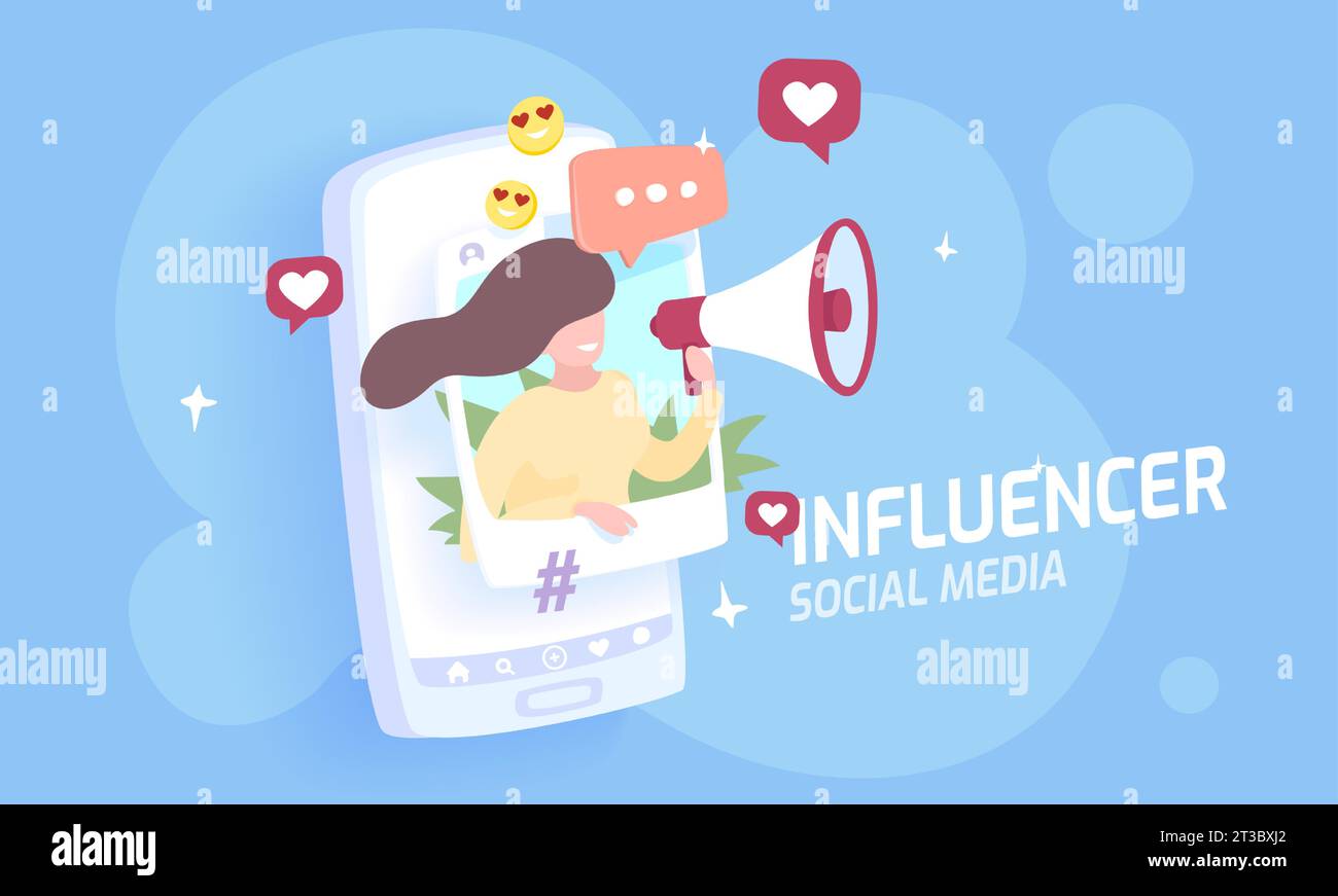 Concetto di influencer sui social media, illustrazione vettoriale Illustrazione Vettoriale