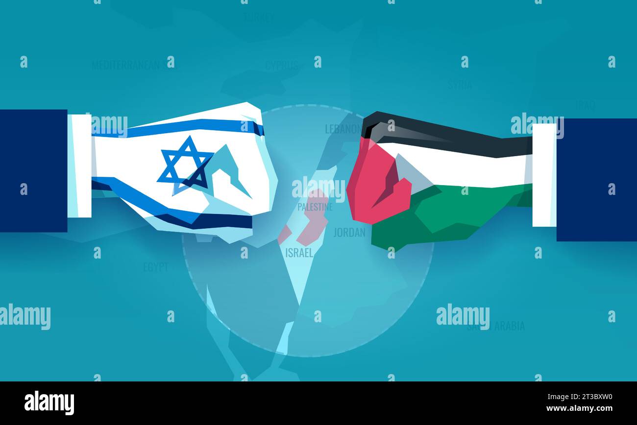 Guerra tra Israele e Palestina. Vettore di pugni bloccati come simbolo di conflitto in corso Illustrazione Vettoriale
