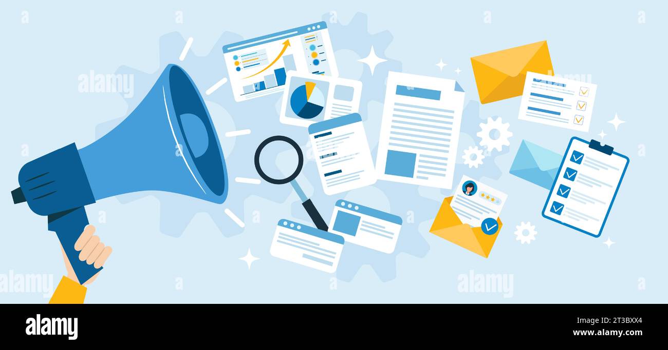 Marketing, pubblicità, rendiconti finanziari e concetto di analisi Illustrazione Vettoriale