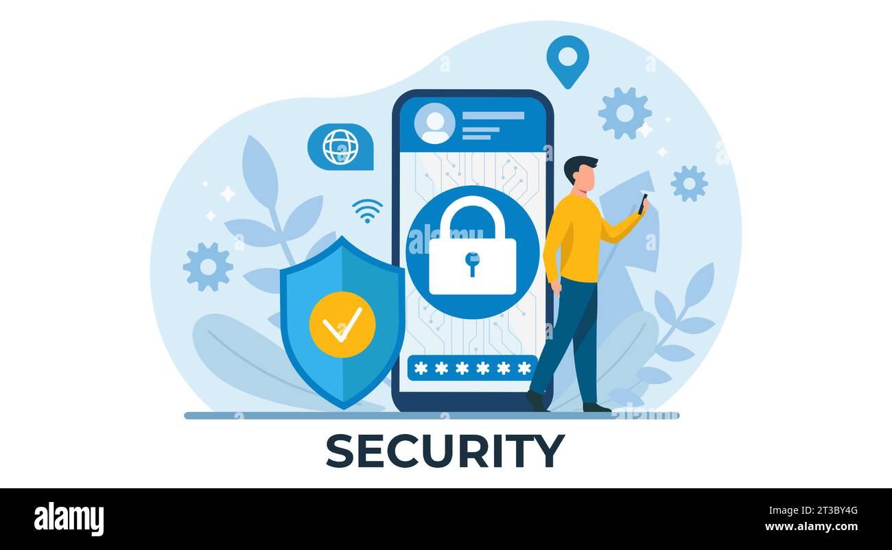 Vettore di un giovane che utilizza una connessione sicura al telefono cellulare Illustrazione Vettoriale