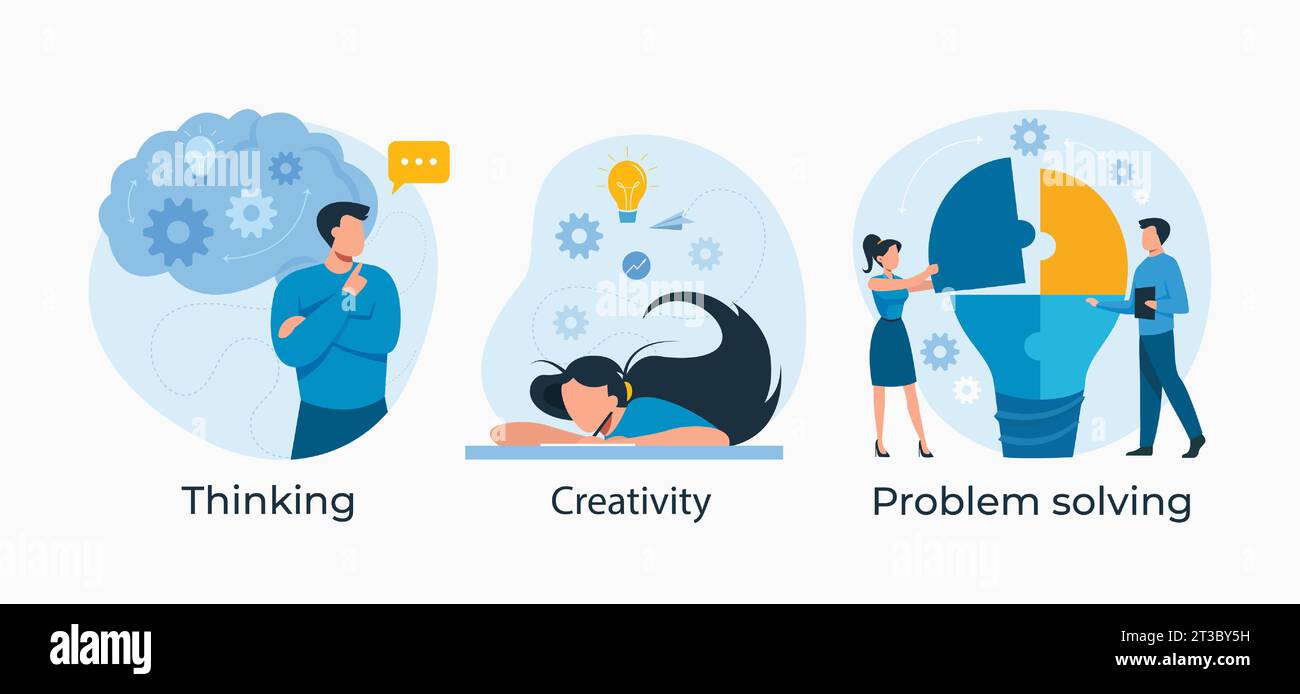 Pensiero, risoluzione dei problemi e concetto di brainstorming delle idee, illustrazione vettoriale Illustrazione Vettoriale