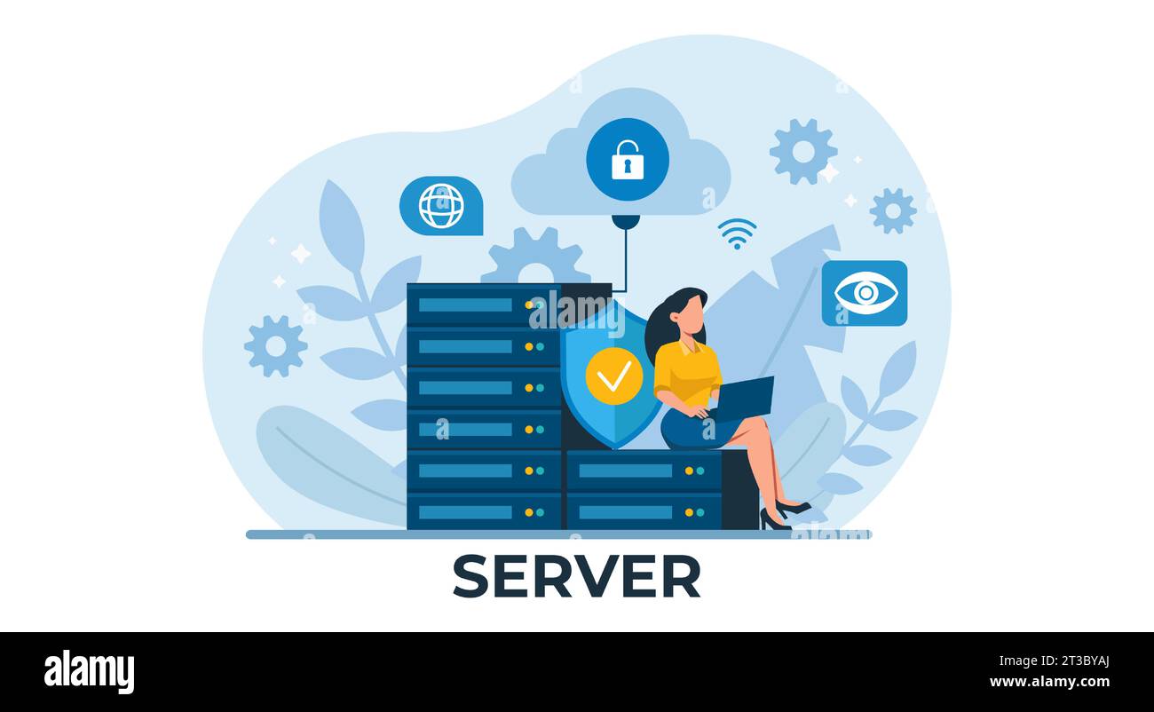 Vettore di una giovane donna che utilizza un computer portatile e una connessione server sicura Illustrazione Vettoriale