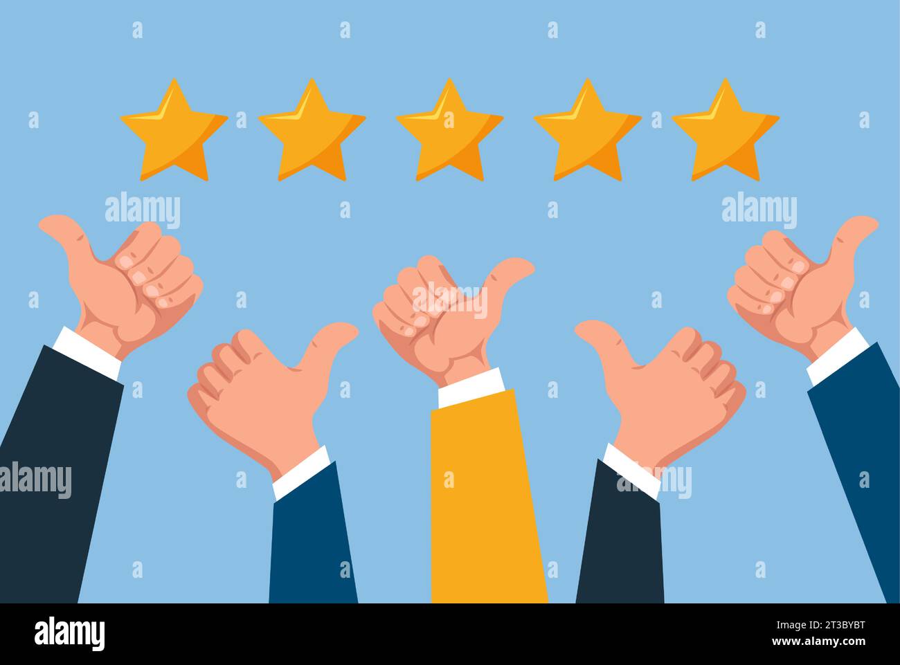 Vettore delle mani delle persone che danno il pollice, concetto di recensione del cliente, valutazione a cinque stelle e feedback positivo Illustrazione Vettoriale