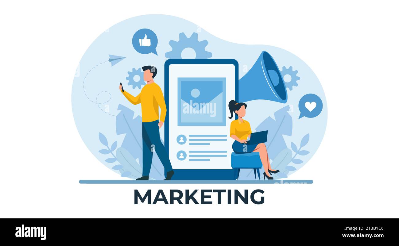 Contenuti digitali e concetto di social media marketing Illustrazione Vettoriale