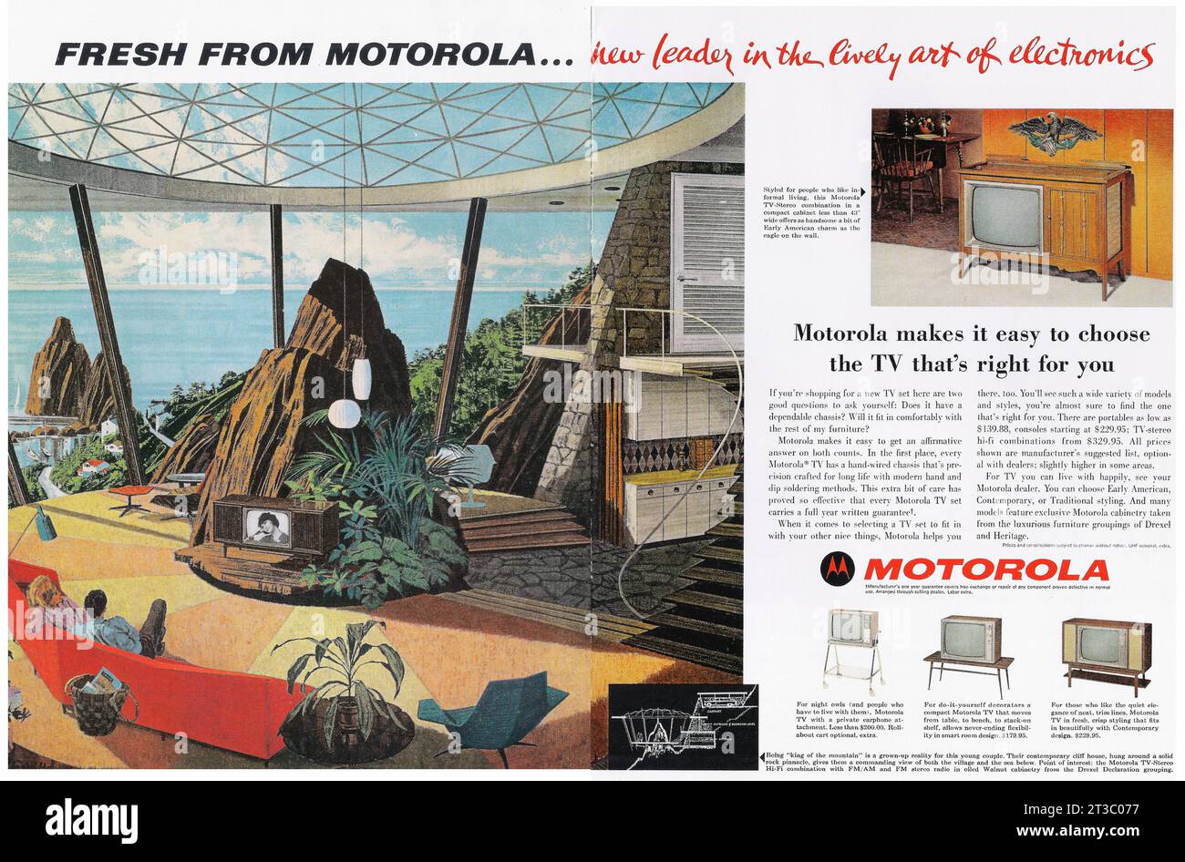 1963 set TV Motorola, annuncio TV-stereo 'Appena nato da Motorola... nuovo leader nella vivace arte dell'elettronica" Foto Stock
