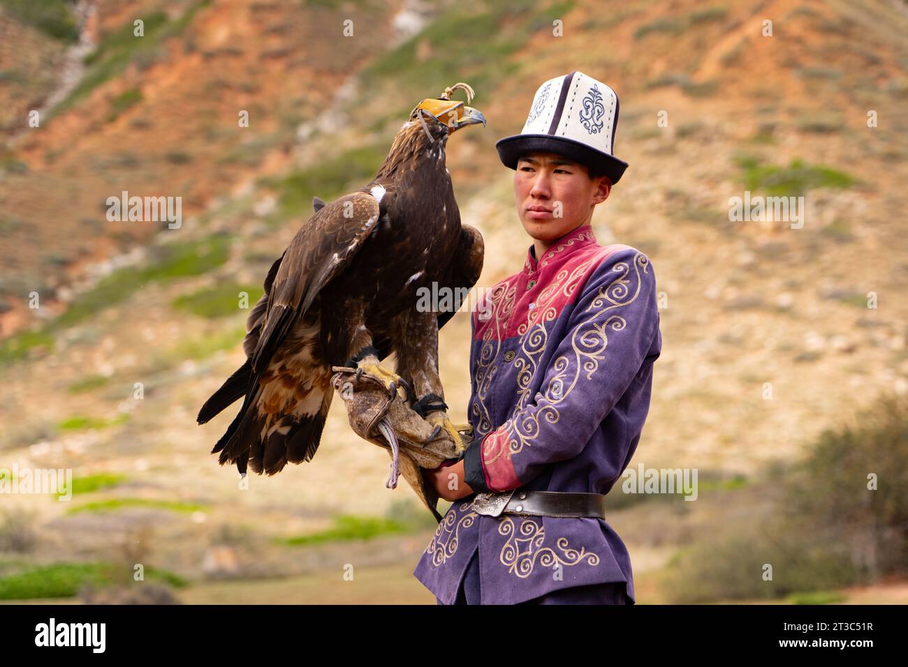 Cacciatore del Kirghizistan con Aquila reale addestrata (Aquila chrysaetos), lago Song kol, regione di Naryn, Kirghizistan Foto Stock